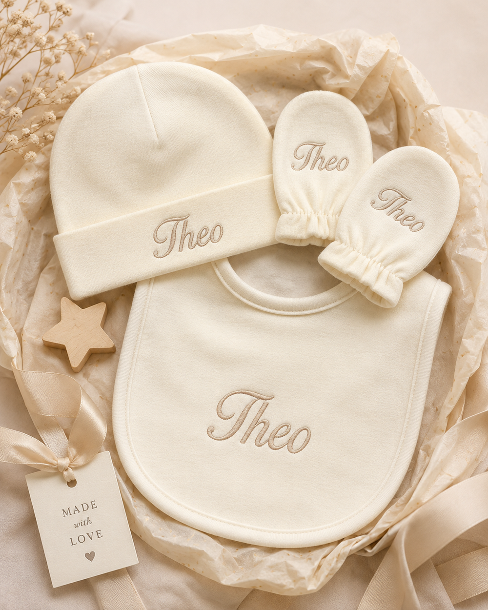 Personalised Newborn Hat, Mittens & Bib Set